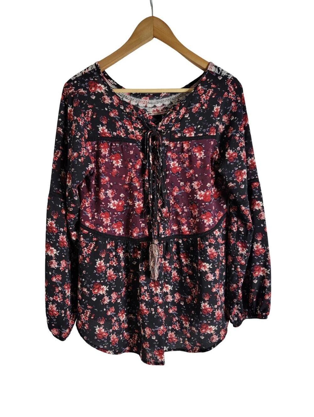 Knox Rose Cottagecore Black Red Burgundy Embroidered Yoke Blouse Size M